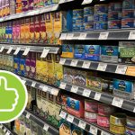 Shelves of consumer goods in a grocery store.