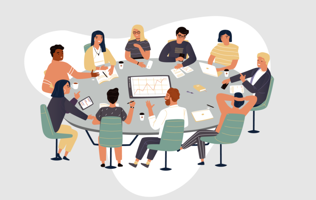 Cartoon image of a diverse range of people seated around an oval conference table.