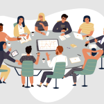 Cartoon image of a diverse range of people seated around an oval conference table.